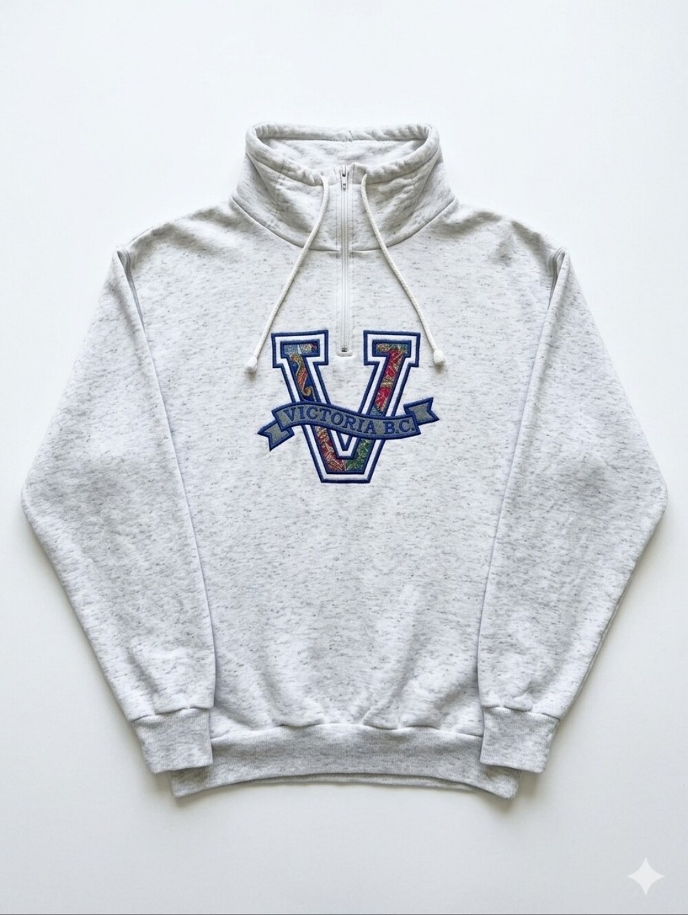 Embroidered 'V' Zip Up Sweater- Light Heather Gray Vintage